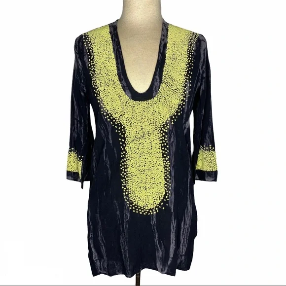 T-Bags | Tops | T Bags La Gray Black Tie Dye Striped Yellow Beaded  Embellished Tunic Top | Poshmark